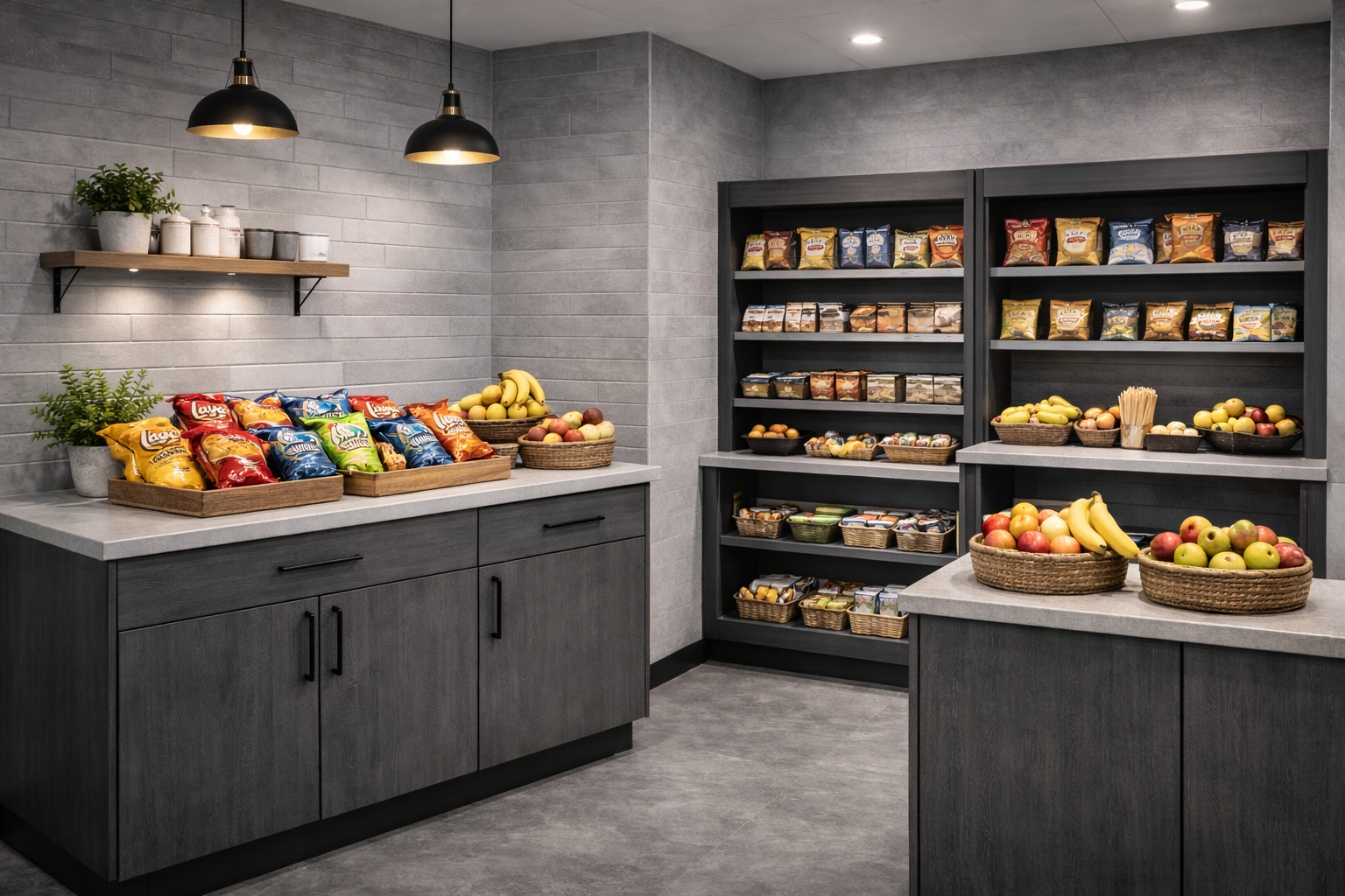 Pantry service setup with snacks and fruit